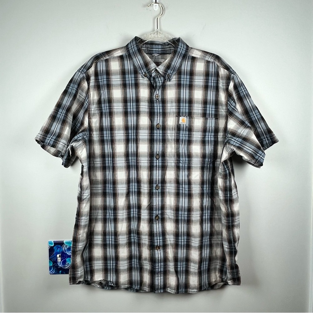Carhartt White Blue Plaid Short Sleeved Button Down Shirt Gorpcore Relaxed XL